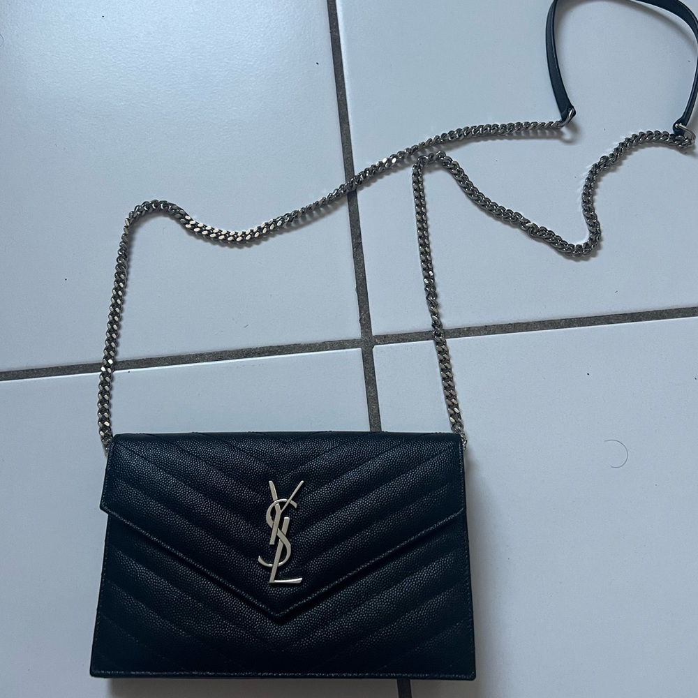 YSL Monogram Large Wallet on Chain in Grained Leather.